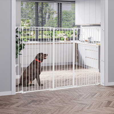Pawhut Barreira para Cães em Aço com 3 Painéis Dobrável Duplo Bloqueio e Porta Integrada para Porta e Escada Branco