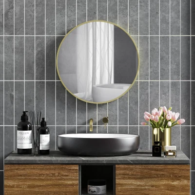 HOMCOM Espelho Casa de Banho Redondo Ø70 cm Espelho de Parede com Estrutura de Alumínio e Gancho para Sala Entrada Corredor Dourado