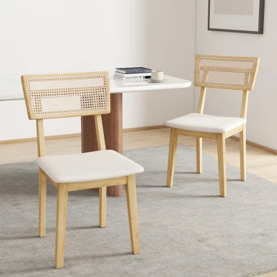 HOMCOM Set aus 2 Esszimmerstühlen, Küchenstühle mit Rattan-Rückenlehne, Kautschukholzgestell, Naturholzoptik