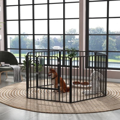 Pawhut Parque Cercado Modular para Cães com 1 Porta 6 Painéis Modulares Interno Externo 80 cm Altura Aço Preto