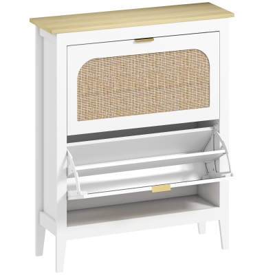 HOMCOM Zapatero Estrecho con 2 Puertas de Ratán Estantes Ajustables para 14 Pares de Zapatos 80x24x95,5 cm Blanco