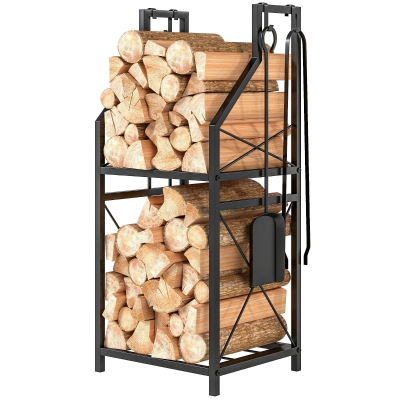 Outsunny Metallisches Kaminholzlager mit 2 Ebenen und 4 Werkzeugen Haken 34x30x80 cm Schwarz