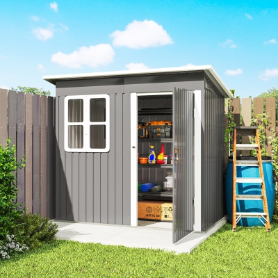 Outsunny Tuinschuur met raam, afsluitbare deur, voor tuin, terras, staal, 221L x 133B x 190H cm, Grijs
