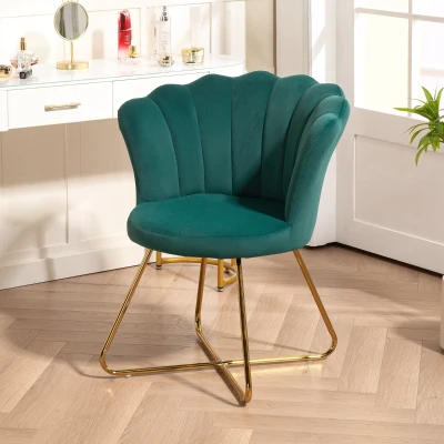 HOMCOM Poltrona Concha Poltrona para Penteadeira Poltrona de Veludo Poltrona de Sala com Pés em Aço 69x64x80 cm Verde Escuro