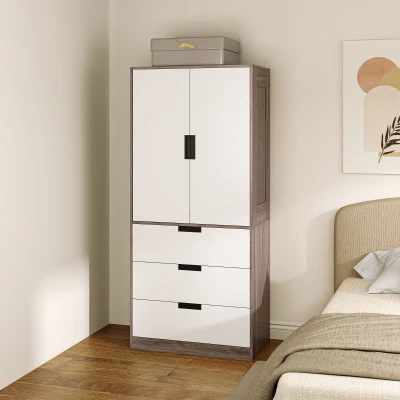 HOMCOM Armário 2 Portas Armário Moderno com 3 Gavetas e Barra para Pendurar para Quarto Marrom