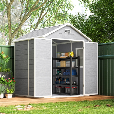 Outsunny Tuinschuur, Gereedschapsschuur met Bodem, Afsluitbare Deuren, Ventilatieopeningen, Venster, Houtlook, Kunststof, Grijs