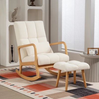 HOMCOM Cadeira de Balanço com Otomano Poltrona de Balanço em Tecido Felpudo Pés de Madeira 64,5x82x89 cm Branco