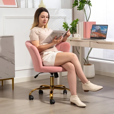 HOMCOM Cadeira de Escritório em Veludo Cadeira de Maquiagem com Encosto em Pétala Altura Ajustável 69x64x80-90 cm Rosa