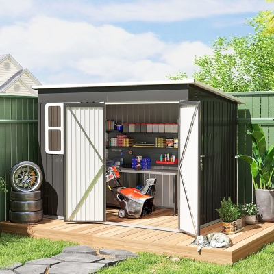 Outsunny Metalen Tuinschuur voor Opslag van Tuingereedschap, met Venster, Brede Deur, 260 x 177 x 190 cm, Donkergrijs