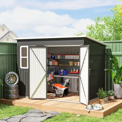 Outsunny Metalen Tuinschuur voor Opslag van Tuingereedschap, met Venster, Brede Deur, 260 x 177 x 190 cm, Donkergrijs