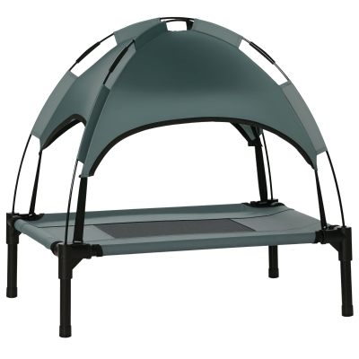Pat PawHut pentru câini, cu parasol, pat de tabără pentru câini și pisici pe picioare cu material respirabil Oxford, anti-UV, cadru din metal inclus în sacul de transport, loc de dormit exterior pentru pisici 161 x 46 x 61 cm gri negru