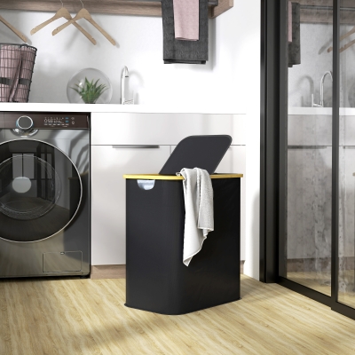 HOMCOM Cesto de Roupa Duplo Dobrável 80 L Cesto de Roupa Suja com Tampa Alças Ranhuradas Preto