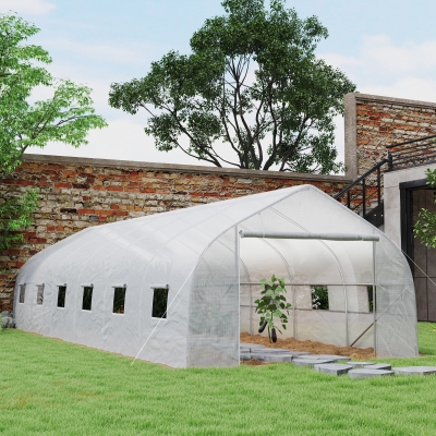 Outsunny Estufa Túnel de Grande Dimensão com Lona Pe Estrutura em Aço Porta Enrolável e 12 Janelas 8x3x2 m Branco