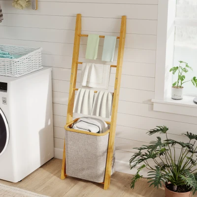 HOMCOM Estante para Casa de Banho de Bambu com 3 Barras e Cesto para Roupa Suja Removível de 48 L 43x35x133 cm Creme e Madeira