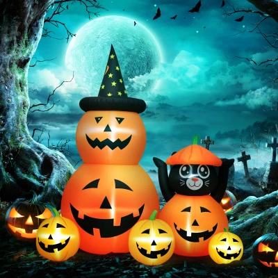 Outsunny Abóbora Insuflável de Halloween com Gato de 180 cm com Luzes LED IP44 e Insufládor para Festas 160x100x180 cm Laranja