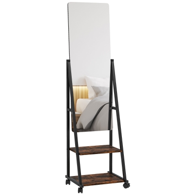 HOMCOM Oglindă pe picior rectangulară oglindă de sol cu unghi reglabil 2 rafturi 4 roți negru și maro rustic