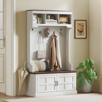 HOMCOM Móvel Cabide de Entrada com Banco Sapateira 5 Ganchos 3 Prateleiras Armário e Compartimentos Estilo Rústico 105x40x180 cm Branco