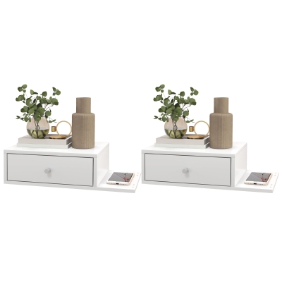 HOMCOM Set de 2 noptiere de perete - set de 2 noptiere - raft lateral și sertar - 55l x 30P x 15H cm MDF alb