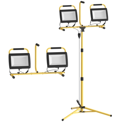 HOMCOM Projetor de Obra em Tripé 2x100W 17000Lm Dupla Cabeça Giratória 360° Suporte Ajustável à Prova de Água Ip65 Amarelo