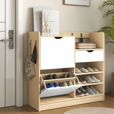 HOMCOM Schuhregal für Flur, Schuhschrank mit Kippschubladen, offenen Regalen, 4 Haken, für bis zu 14 Paar Schuhe, Natur