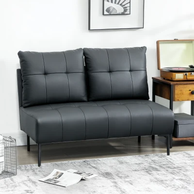 HOMCOM Sofá 2 Plazas de Cuero Sintético Sin Apoyabrazos y Acolchado con Botones, 115x73x83 cm, Negro