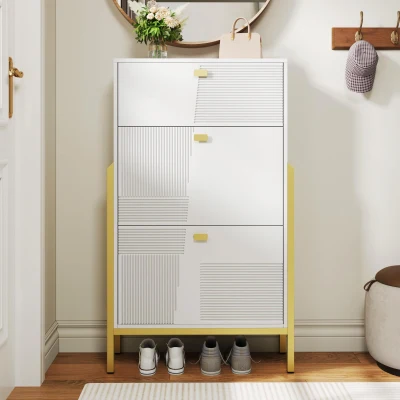 Armoire à chaussures avec 2 portes rabattables et étagères à chaussures à double couche, Blanc+Or