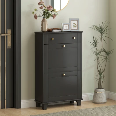 HOMCOM Schmaler Eingangsschuhenschrank mit schwingbaren Türen und verstellbarem Regal, 60 x 23,5 x 98,5 cm, Schwarz
