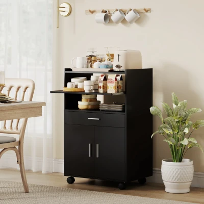 HOMCOM Mikrowellenwagen aus Holz mit Schublade, zweitürigem Schrank und 2 Regalen, 59x40x92 cm, Schwarz