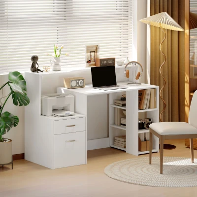 HOMCOM Escritorio de computadora, escritorio con almacenamiento, 2 cajones, estantes abiertos y plataforma de impresora, 137x55x92cm, blanco