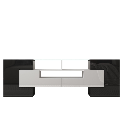 Mobile TV con illuminazione LED, superfici in vetro, con 6 ante, 2 cassetti e 3 scomparti, 145x30x51 cm, Bianco e Nero