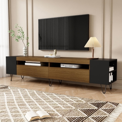 Meuble TV avec aspect bois, Noir+Couleur naturelle