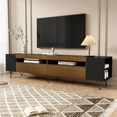 Meuble TV avec aspect bois, Noir+Couleur naturelle