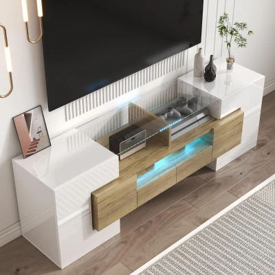 Mobile TV con illuminazione LED, Bianco e Legno naturale