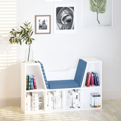 HOMCOM Librería con Asiento Estantería de Libros con 6 Cubos Cojín para Sala de Estar Dormitorio 102x30x61cm Blanco y Azul