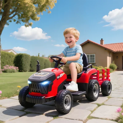 AIYAPLAY Tractor Eléctrico para Niños con Remolque Desmontable Batería 12V Velocidad 3-5 km/h, Control Remoto 2,4G Rojo