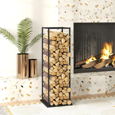 Outsunny Estante de Leña Metálico de Chimenea Soporte para Leña con Base Elevada Carga 100 kg 33x33x110 cm Negro
