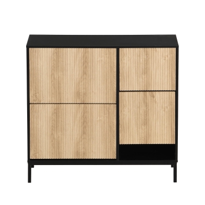 Scarpiera con sgabello per cambio scarpe, 3 ante con ripiani, 100x25x100 cm, Nero e Legno naturale