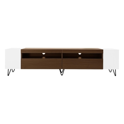 Mobile TV con finitura effetto legno, 2 vani aperti, ripiani laterali, 180x36x43 cm, Bianco e Legno naturale