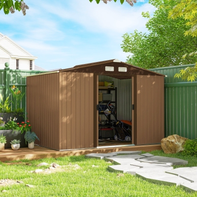 Outsunny Cobertizo de Jardín 4,9 m² 277x195x192 cm con 2 Puertas Corredizas Base Refuerzo (Suelo NO Incluido) Amarillo