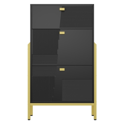 Scarpiera con 2 ante a ribalta e ripiani per scarpe a doppio strato, un cassetto, maniglie e gambe dorate, 65x25x120,5 cm, Nero e Oro