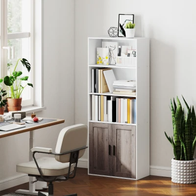 HOMCOM Bücherregal Schmal Bücherregal mit Türen Offene Regale und Schrank 60x30x149,5 cm Weiß und Braun