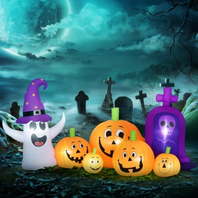Outsunny Calabaza Inflable de Halloween con Fantasma Lápida con Luces LED IP44 e Inflador para Fiestas 240x130x130 cm Multicolor
