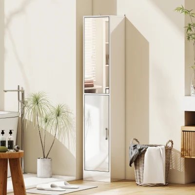 kleankin Tall Bathroom Cabinet with Mirror High Gloss White