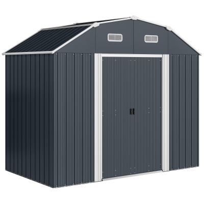 Outsunny Caseta de Exterior Metálica 2,7 m² 238x132x198,5 cm con Base Estantes Ajustables 2 Puertas Corredizas y 2 Ventanas Gris