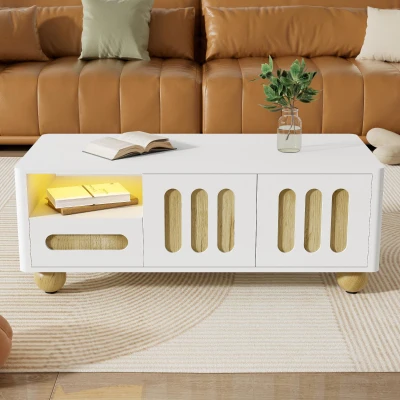 Tavolino da caffè con luce LED, Legno naturale e Bianco