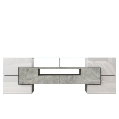 Mobile TV con illuminazione LED, superfici in vetro, con 6 ante, 2 cassetti e 3 scomparti, 145x30x51 cm, Bianco e Grigio