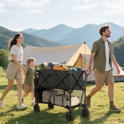 Outsunny Chariot Pliable 350L 2 Étages Roues Tout Terrain Noir