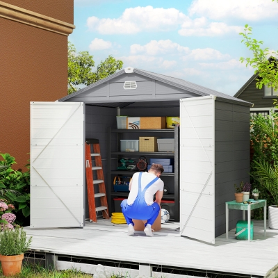 Outsunny 4 x 3ft Plastic Garden Storage Shed - Foundation Kit Included, Polypropylene Outdoor Storage Tool House with Ventilation Slots and Lockable Door, Grey
