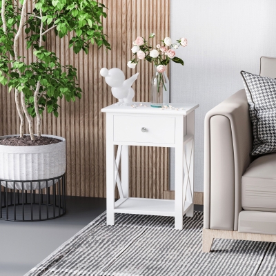 HOMCOM Farmhouse End Table, Sofa Side Table with Drawer, Bottom Shelf and X-frames, Bedside Table for Bedroom, White