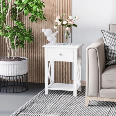 HOMCOM Farmhouse End Table, Sofa Side Table with Drawer, Bottom Shelf and X-frames, Bedside Table for Bedroom, White